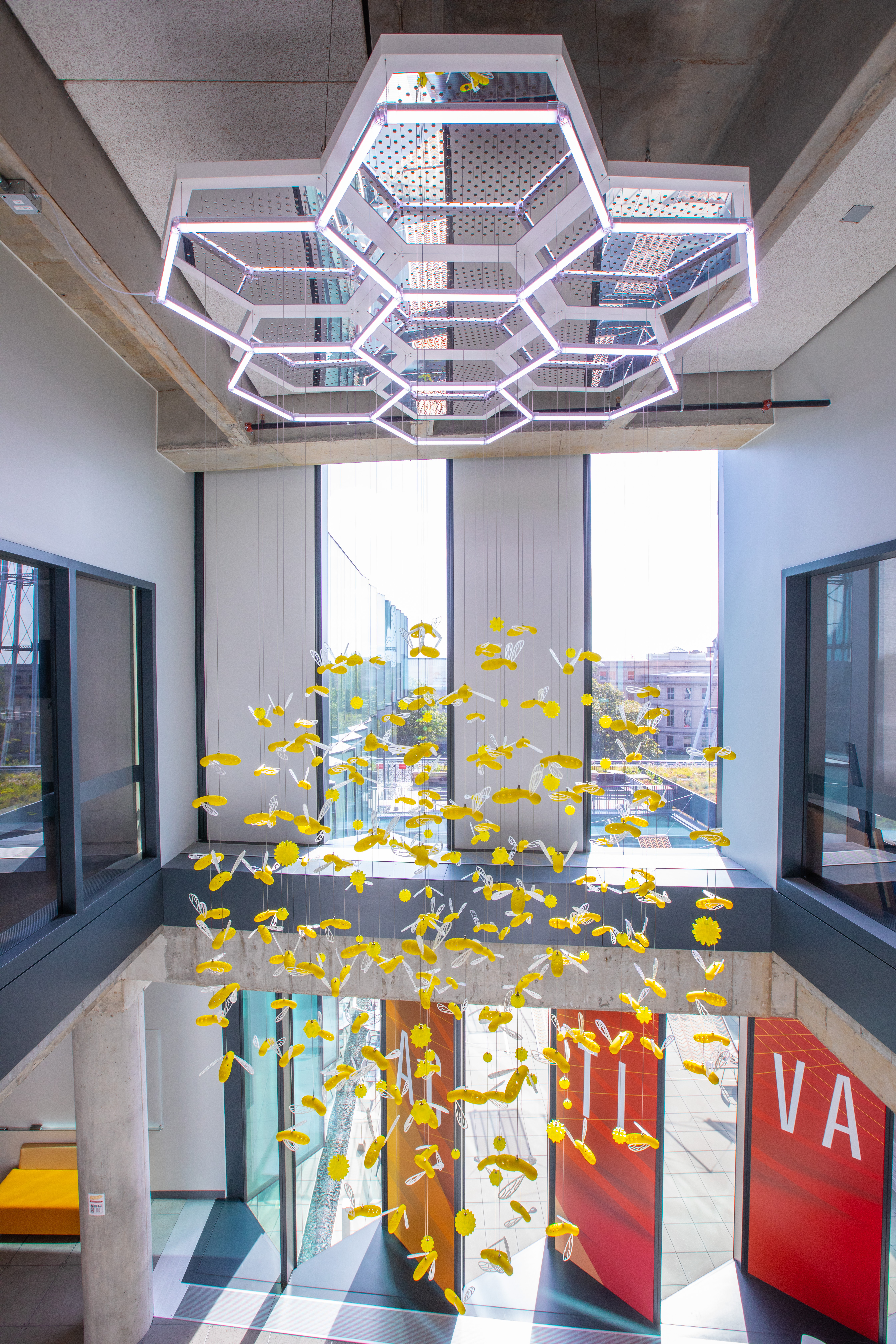Bee art installation in the Student Innovation Center. (Christopher Gannon/Iowa State University)